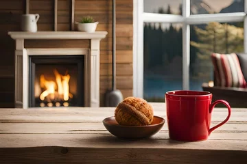 Fototapeten cup of hot tea on table in front of fireplace presenting a glamorous winter scene generated by AI © sdk