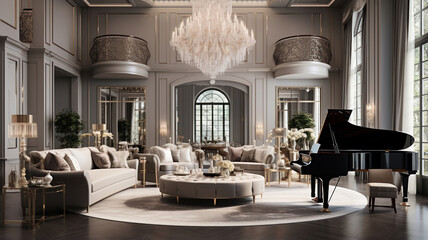 An opulent living room in a luxury estate, featuring velvet furniture, a grand piano, and a crystal chandelier