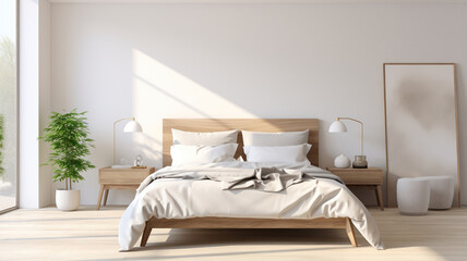 Fototapeta na wymiar bedroom designed with minimalism in mind, featuring a white duvet and simple wooden furniture