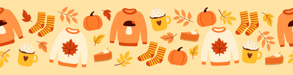 Seamless border with cute autumn elements. Colorful objects on beige background. Cartoon flat style