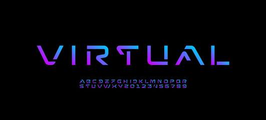 Tech bright font, digital alphabet, Latin letters A, B, C, D, E, F, G, H, I, J, K, L, M, N, O, P, Q, R, S, T, U, V, W, X, Y, Z and Arab numerals 0, 1, 2, 3, 4, 5, 6, 7, 8, 9, vector illustration 10EPS