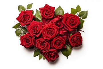 Artistic arrangement of red roses isolated on white with leaves. Top view presents a charming bouquet. Generative AI
