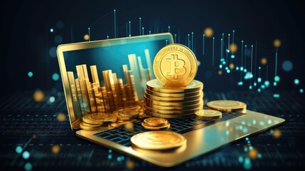 Gold bitcoin coins with stock market chart on laptop computer background