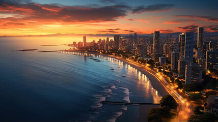 A bird's-eye view of a coastal city at sunset