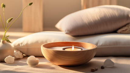 Fototapeta na wymiar Peaceful meditation space featuring a cushion, singing bowl, and a softly lit salt lamp