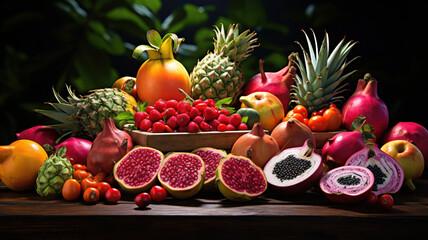 Naklejka na ściany i meble A vibrant display of exotic fruits like dragon fruit, lychee, and passion fruit on a wooden table