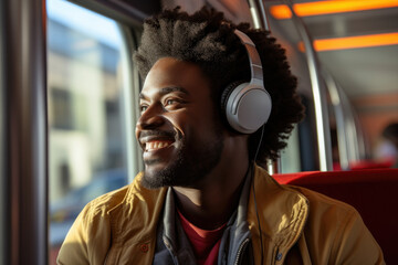 A commuter listens to a podcast while riding a city bus, showcasing the blend of entertainment and education that can be part of daily transit. Generative Ai.