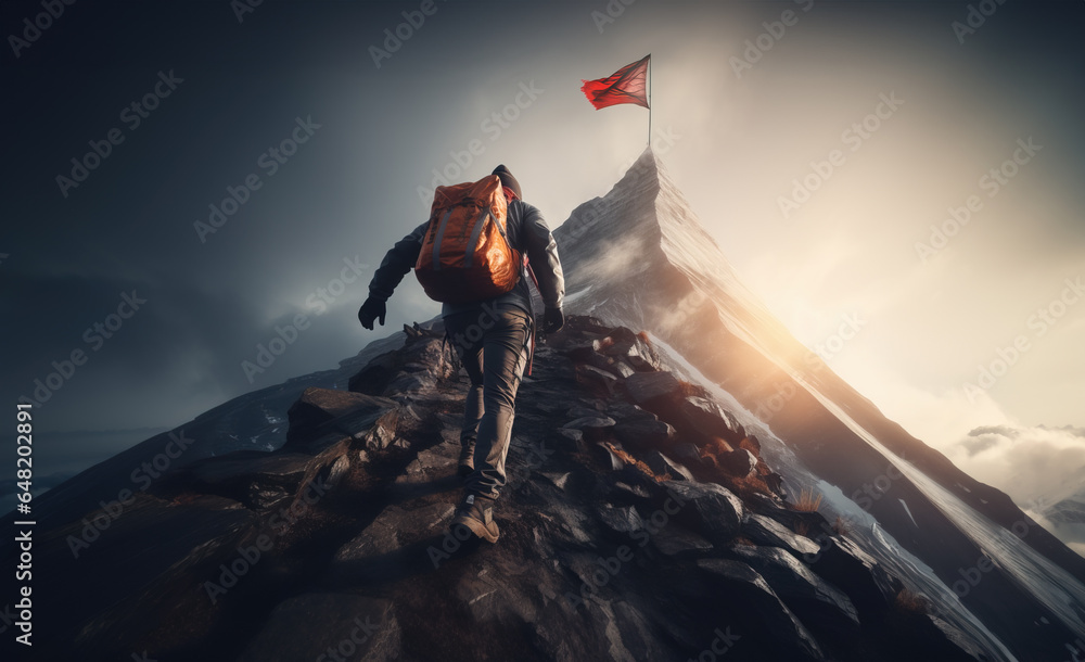 Wall mural hiker man heading to mountain top where there is a flag on top