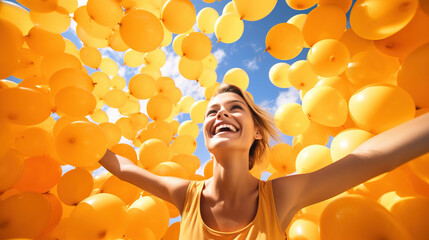 Smiling woman enjoying the release of thousands of orange balloons towards the sky in celebration concept