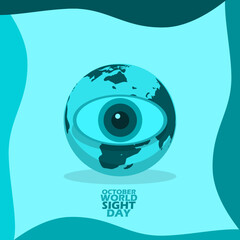 Icon of an eye and the earth behind it, with bold text on light blue background to commemorate World Sight Day on October