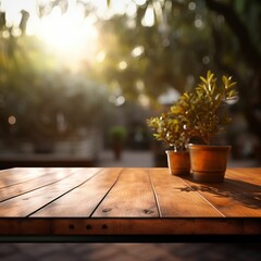 Wooden table in front of blurred garden background, product display montage