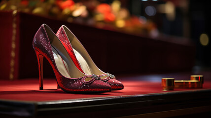 A close-up of designer shoes and a clutch bag, elegantly displayed on the red carpet