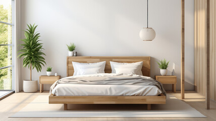 bedroom designed with minimalism in mind, featuring a white duvet and simple wooden furniture
