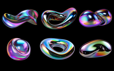 Bold holographic liquid metal shapes set isolated. Iridescent wavy melted substance. Ai generated 