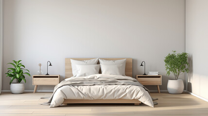 Fototapeta na wymiar bedroom designed with minimalism in mind, featuring a white duvet and simple wooden furniture