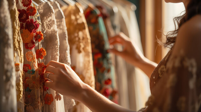 Close-up of a hand picking out a vintage embroidered dress from a thrift store rack