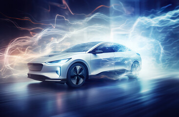 Fototapeta na wymiar futuristic electric car concept and showroom, sci fi vehicle concept, luxury automobile with creative design, generative AI