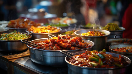 Variety of Asian Street Food Delicacies - obrazy, fototapety, plakaty