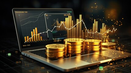Laptop and golden coins with forex chart
