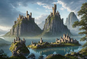 Fantasy castle in mountains - obrazy, fototapety, plakaty