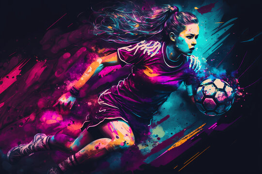 Female footballer in a neon watercolor sketch