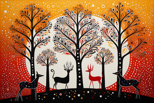 Two deer standing in the whimsical wood, combination of Gond, Madhubani and Aboriginal spot painting, minimalism, stylized.