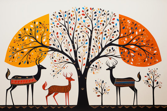 Two deer standing in the whimsical wood, combination of Gond, Madhubani and Aboriginal spot painting, minimalism, stylized.