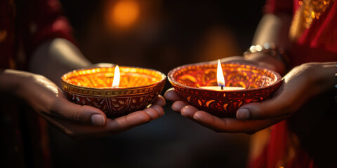 Closeup - Woman holding lit diya lamp in hands. Diwali celebration, generative ai