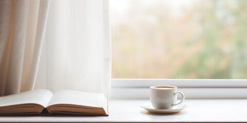 Fototapeta na wymiar Cup of coffee and book on window sill. Hygge cosy light airy modern apartment home interior. Room with natural light. Hobby and leisure, generative ai