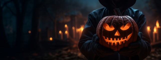 Halloween Jack-o'-lantern held by a spooky figure, spooky and scary background, Trick or treat, October, autumn