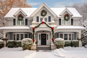 Traditional american residential house with festive garlands lights and Christmas decorations. Suburban neighborhood at winter holidays season. House facade at snowy street on Christmas eve