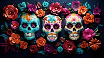 Fotobehang Schedel Festive sugar skulls decorated with flowers. Banner for traditional Mexican holiday Day of the dead. Dia de los Muertos composition