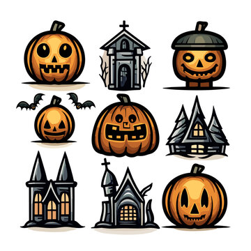 Conjunto de iconos alusivos al d&iacute;a de brujas o halloween, personajes de calabazas sonrientes, murci&eacute;lagos, iglesias, criptas o sepulturas, vectores bonitos.