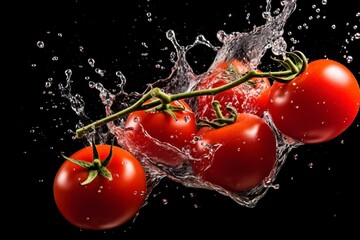 Tomatoes, flying, splashes, water, black, background. Generative AI