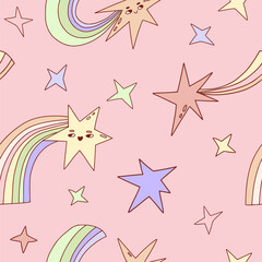 Doodle seamless pattern with falling stars with smiling faces - 648207414