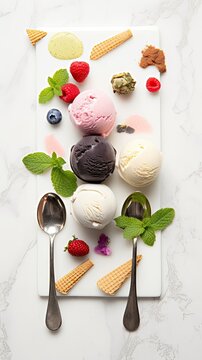 Set of various ice cream scoops on white marble background, top view, Generative AI 