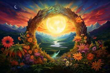 A big wreath of flowers and leaves, surrounded by a beautiful painting depicting the spring equinox with a sun, moon, and mountains. Generative AI