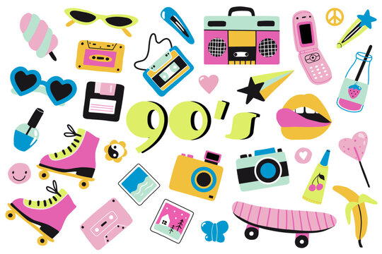 Retro set of 80s 90s icons in modern flat style