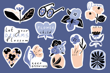 Modern flat floral stickers with white borders