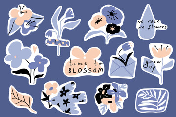 Modern flat floral stickers with white borders