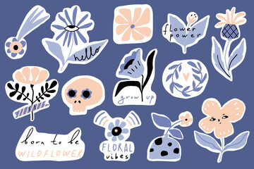 Modern flat floral stickers with white borders. Floral vibe, flower power. Hand drawn simple collection. Pastel colours. Cute cartoon vector. Flower graphic design for T-shirts prints, posters, cards