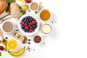 Healthy breakfast set on white background, top view, copy space, Generative AI 
