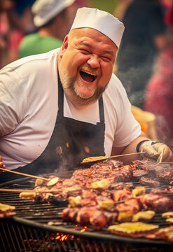 A man busy at the barbecue on a day of celebration. Chubby and joyful