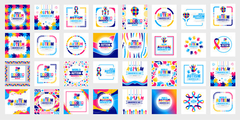 big mega set of World autism awareness day typography sticker or social media post banner design template bundle celebrated in 2 April. use to background, banner, card, greeting card, poster, placard
