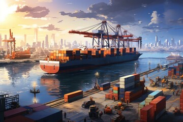 A bustling seaport with container ships, cranes, and break bulk cargo operations. Generative AI - obrazy, fototapety, plakaty