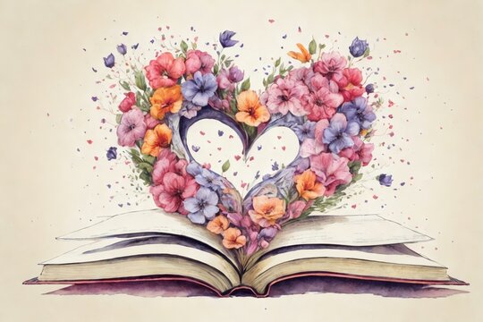 watercolor heart shape in open book pages