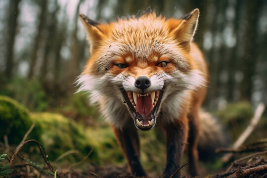 Angry fox with blurred background in the forest
