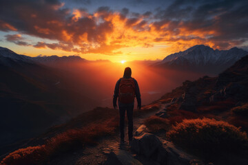 Fototapeta premium A person captures a breathtaking sunset as they hike, appreciating the beauty of nature and its positive impact on mental wellbeing. Generative Ai.
