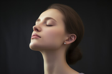 A person performs a chin tuck exercise, gently drawing their chin inward to counteract the forward head posture associated with tech neck. Generative Ai. - obrazy, fototapety, plakaty