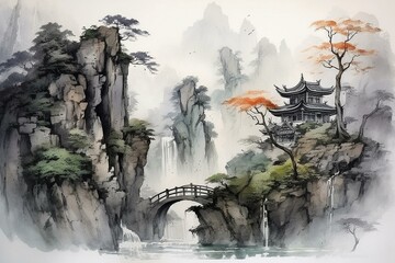 Ink and watercolor painting of a traditional Chinese landscape. Generative AI